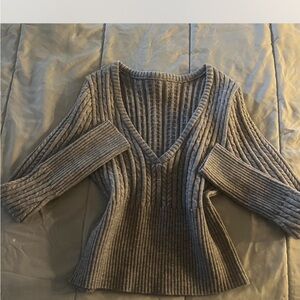 Gray V-Neck Ribbed Sweater